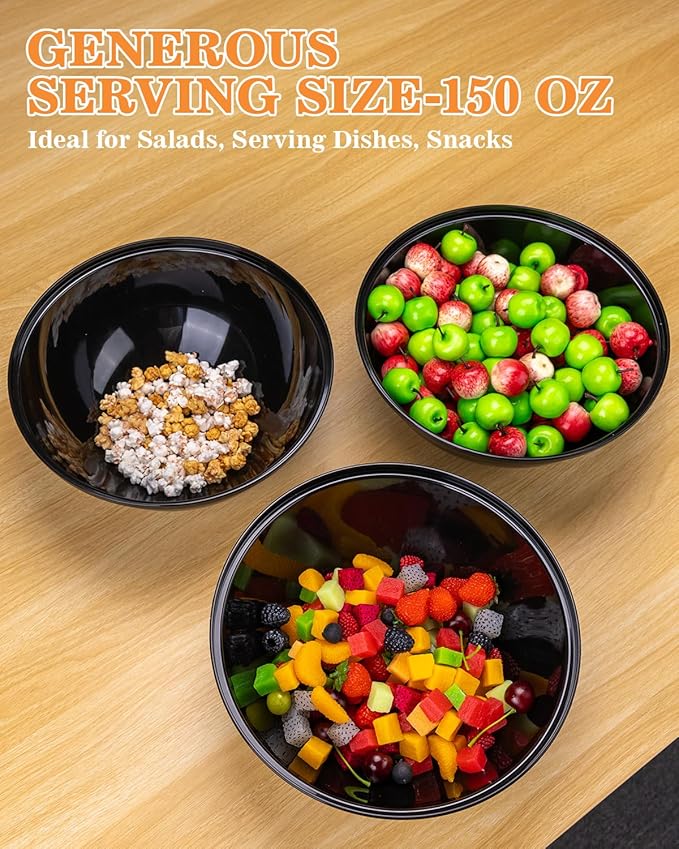 BESTVIP 150oz 4 Pack Black Plastic Serving Bowls for Party, Disposable 11.6" Large Salads Container for Snacks, Chips, Meal Prep, Stackable Candy Dishes for Christmas, Holiday, Reusable