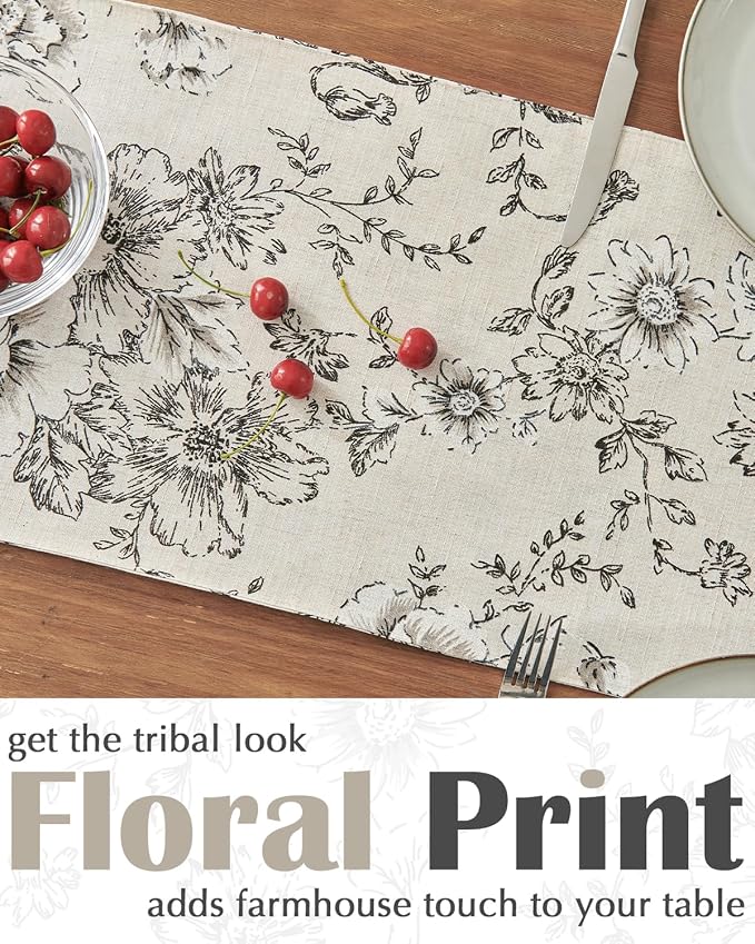 jinchan Black Floral Linen Table Runner 13 x 108 Inch Farmhouse | Vintage - Image 3