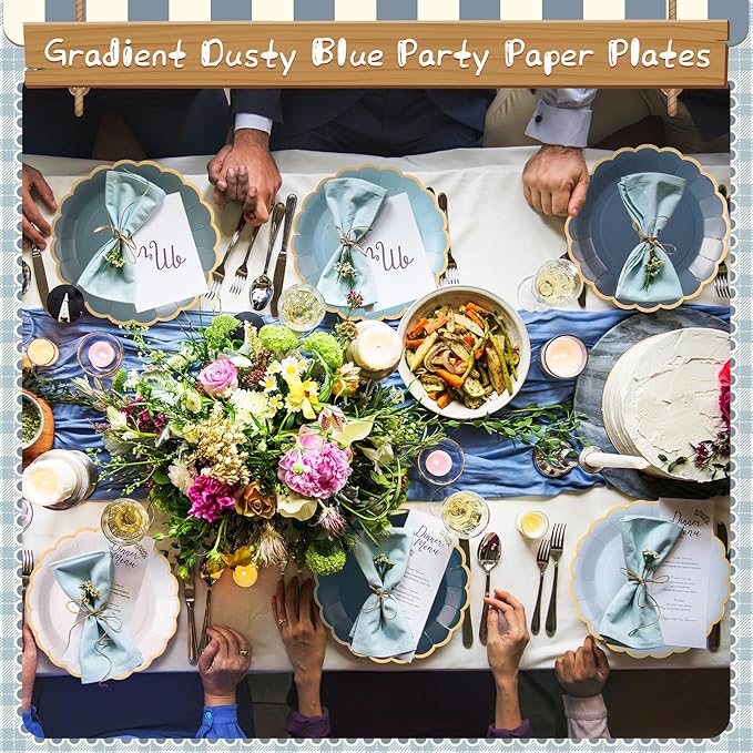 48 Pcs Dusty Blue Paper Plates 9 Inch Gradient Scalloped Paper Blue Plates Disposable Dinner Dessert for Birthday Wedding Bridal Party Supplies, 6 Colors