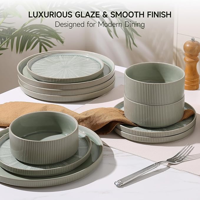Dinnerware Sets for 8, Ceramic Plates and Bowls Set 24 Piece Dinnerware Chip Resistant Stoneware, Dishwasher and Microwave Safe-green