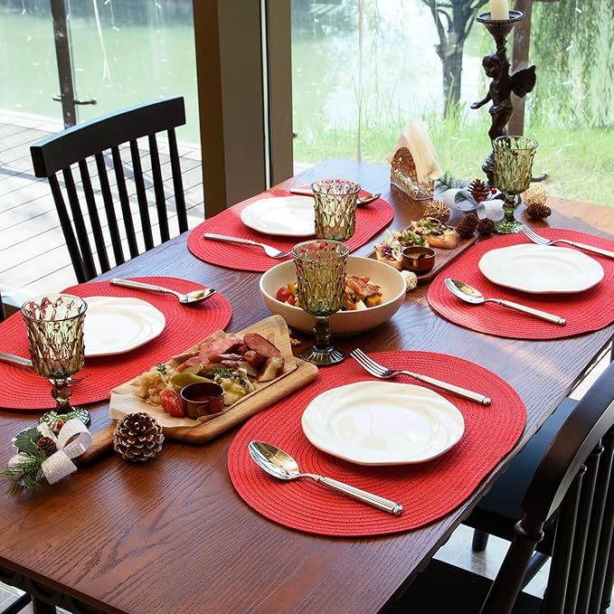 Noctiflorous Oval Braided Placemats Set of 8 Woven 12x18 Inch Non Slip Washable Heat Resistant Place Mats Round Tablemats for Dining Kitchen Party Daily Table Decor Dinner Mats (Red Shine, 8)