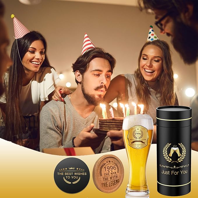 30th Birthday Beer Glasses Gifts, Personalized '1996' Vintage Glass Ware Set for Men, Black Gift Package with Drinking Glass, Coaster, and Card for 30 Years Old Man