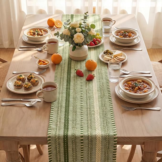 Artoid Mode Army Green Farmhouse Stripe Braided Table Runner 12x36 Inch | - Image 3