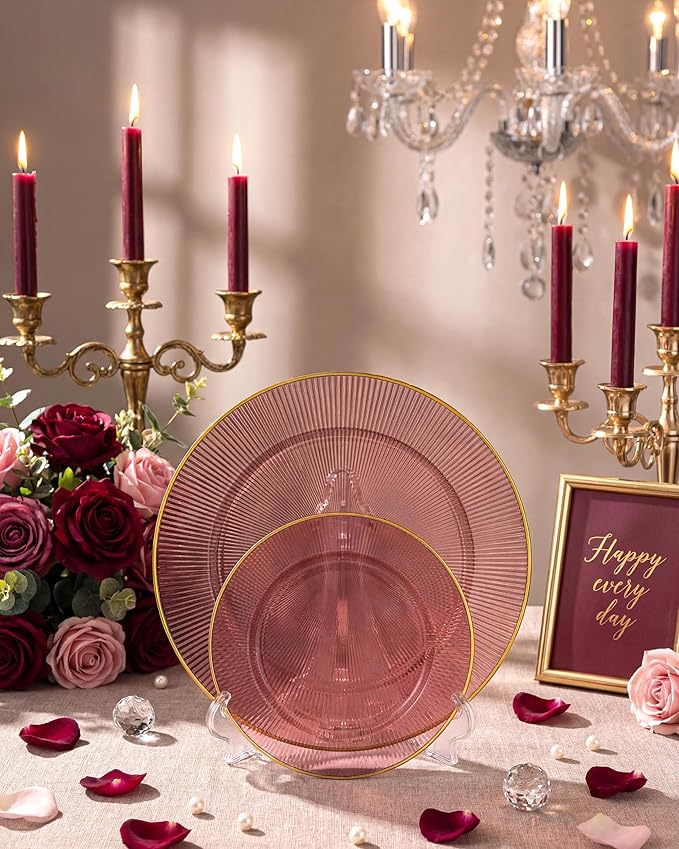 Hioasis 60pcs Burgundy and Gold Plastic Plates - Burgundy Disposable Dinnerware Set, 30pcs Dinner 10.25in & 30pcs Dessert 7.5in Plates with Striped Designs for Party & Wedding