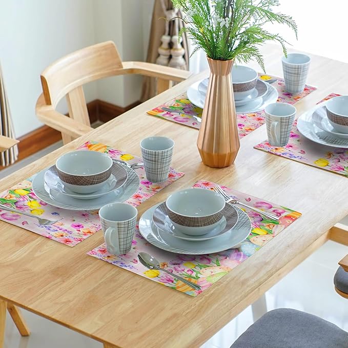 Spring Rabbit Bunny Placemats - Floral Easter Place Mat Set of 4 Buffalo Plaid Tablemats 12x18 for Party Kitchen Dining Pink