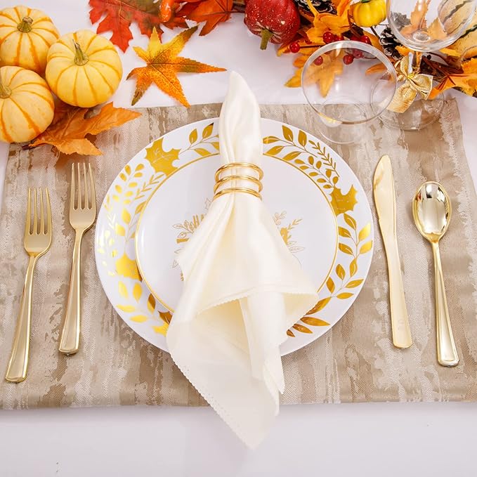 Ciaell 125PCS Thanksgiving Plastic Plates - Fall Pumpkin Disposable Plates White and Gold Heavy Duty Dinnerware Set include 25Dinner Plate, 25Desset Plate, 25Knives, 25Forks, 25Spoons for Thanksgiving