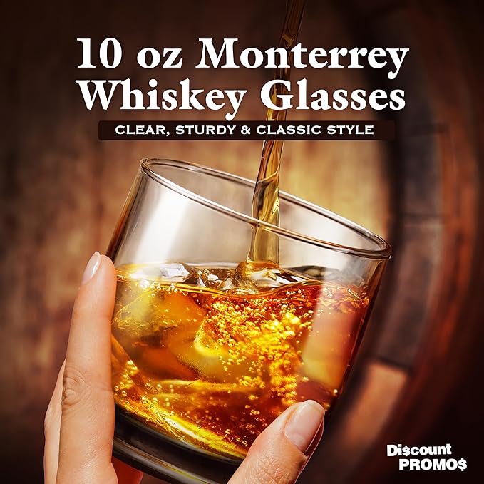 DISCOUNT PROMOS Monterrey Whiskey Glasses, 10 oz Set of 10, Bulk Pack - Heavy Base Old Fashioned Drinking Glass, Bourbon, Scotch Rocks Glasses - Black Bottom Color