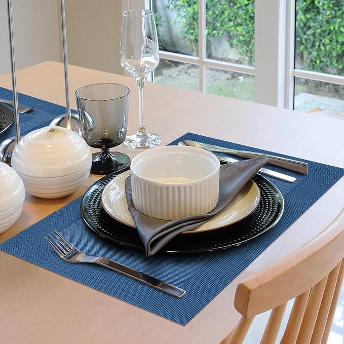Winknowl Placemats for Dining Table Set of 6 Waterproof, Woven Place Mats for Kitchen Table Vinyl Heat Insulation Stain Resistant Placemats (Navy Blue)