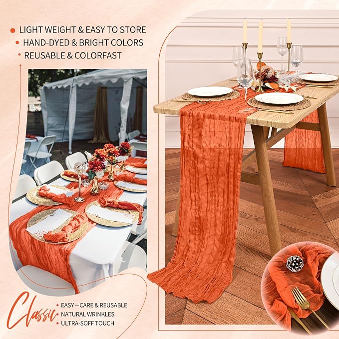 Showgeous 2 Pack Orange Cheesecloth Table Runners Boho Wedding Decor | Rustic - Image 5
