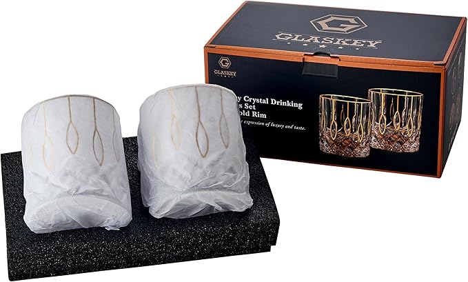GLASKEY Gold Rim Whiskey Glasses Set of 2,Crystal Old Fashioned Glasses-Luxury Gold Collection,Perfect for Scotch Bourbon Rocks Cognac Vodka Gin Tequila Rum Liquor,Whiskey Gifts for Men