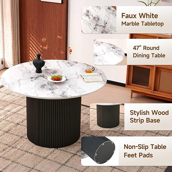 Howtek Round Dining Set for 4, 47-Inch Faux White Marble Wood Kitchen Table with 4 Gray Stackable Upholstered Dining Chairs, Dining Room Table and Chairs Set for Kitchen, Living Room