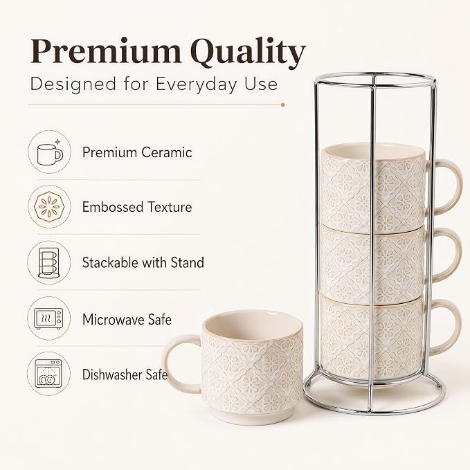 6 Oz Coffee Mugs with Stand, Stackable Coffee Cups Set of 4, Ceramic Espresso - Image 2