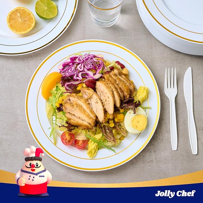 JOLLY CHEF 200 Pieces Gold Plastic Plates, 10 Inch Elegan Disposable Plates White Plate with Gold Rim,Plastic Plates for Christmas、Birthdays and Weddings