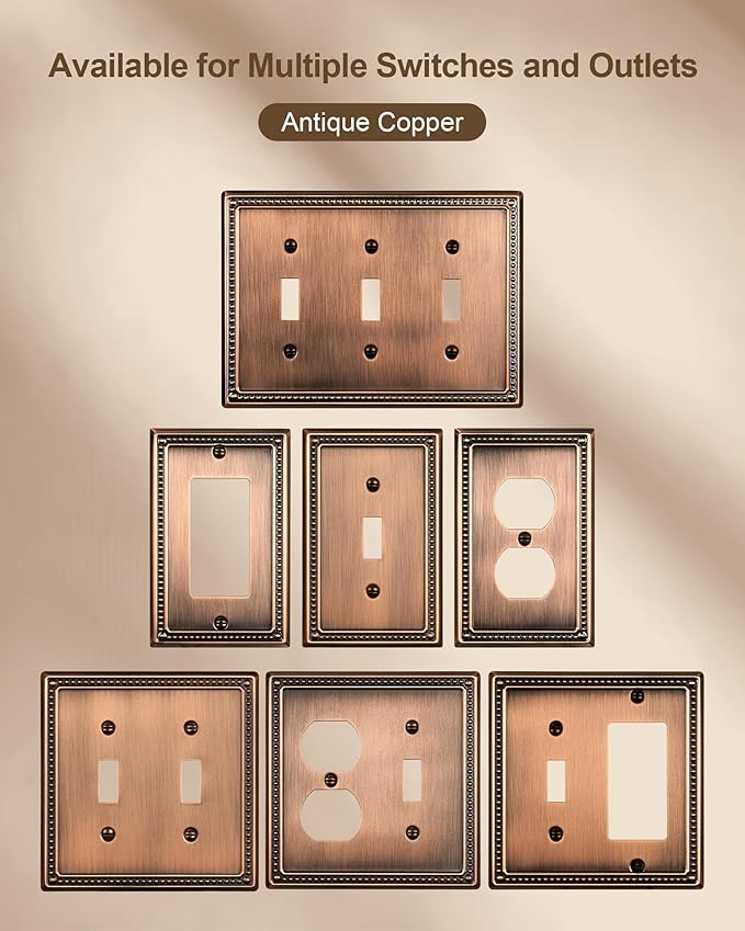 2-Pack Duplex Outlet Cover Plate, Antique Copper Metal Wall Plates for Electrical Outlets, 1 Gang Receptacle Cover, Pearls Decorative Switch Plates and Outlet Covers