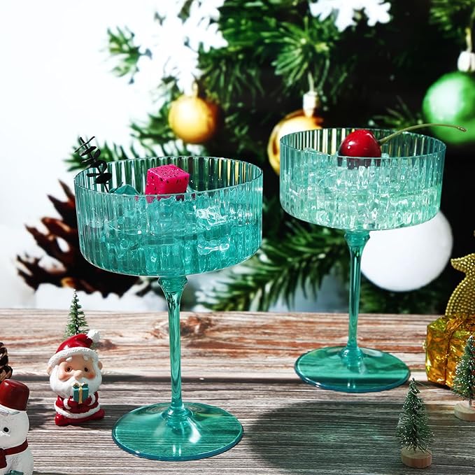 12 Pcs Ribbed Martini Glasses 10 oz Disposable Plastic Vintage Ribbed Coupe Glasses Unbreakable Dessert Parfait Glassware for Wedding Birthday Party Supplies (Light Green)