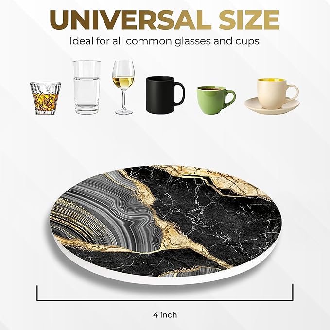 Luxury Black & Gold Marble Ceramic Coasters - Set of 6 with Gold Metal Holder - Premium Round Drink Coasters for Coffee, Tea, Whiskey, Wine - Stylish Home & Kitchen Decor