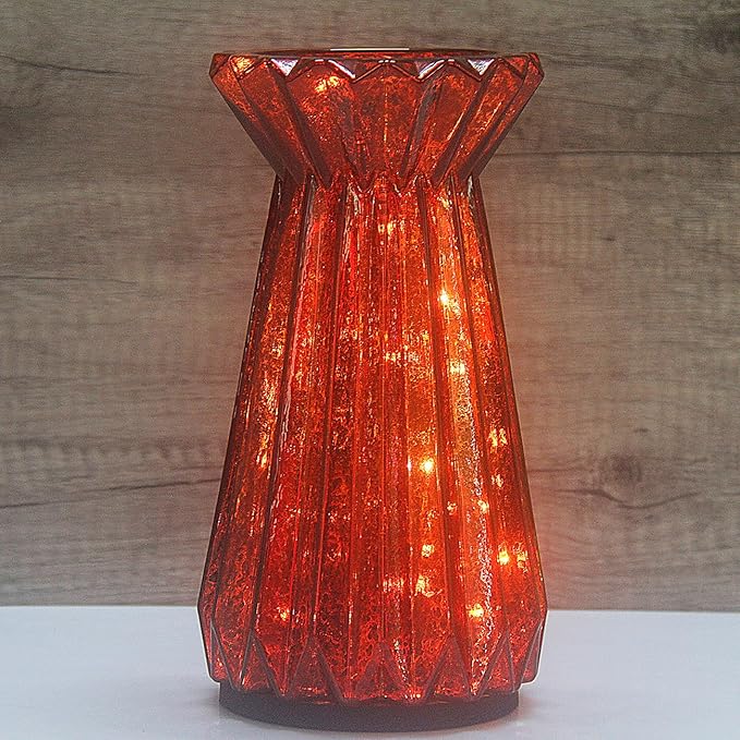 Home Decor, Mercury Glass Pillar Candle Pedestal Holders with 10 Led Lights, Lighted up Candle Holders for Pillar Candle, Glass Candlestick Holders with Timer for Wedding Home Dining Table Xmas (Red)