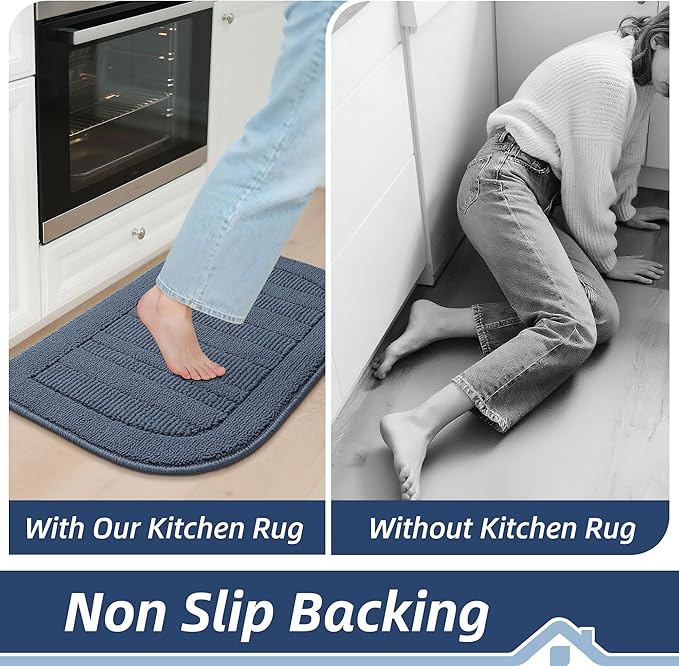 BEQHAUSE 30x18 Inch Kitchen Rug Mat Durable Kitchen Rugs Non-Slip Washable Absorbent Kitchen Mats for Floor Dirt-Resistant Semicircular Kitchen Mat (Blue)