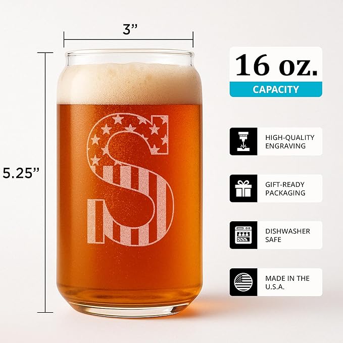 Monogram Beer Glasses for Men (A-Z) 16 oz - Beer Gifts for Men Brother Son Dad Neighbor - Unique Christmas Gifts for Him - Personalized Drinking Gift Beer Glass Mugs - Engraved Beer Can Glass (S)