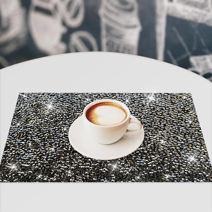 Black Square Placemats - Heat Resistant Mat Set of 2 with Rhinestone Decor and Sparkly Bling