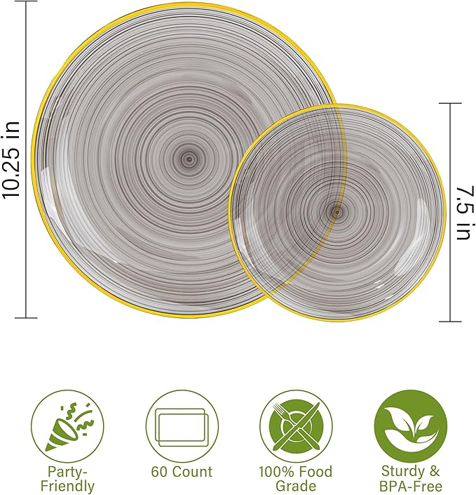 Morejoy 100Pcs Black Plastic Plates,Black Disposable Plates With Gold Rim,Heavy-duty Gold Plate, Modern swirl design Plate Include 50Clear Dessert-plates,50Dinner-plates for Party,New Year