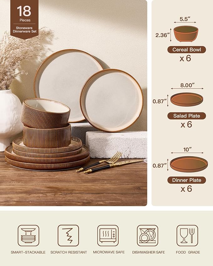 Dinnerware Set for 6, Ceramic Ribbed Plates, Dishes | 18-Piece Stoneware Dinner - Image 7