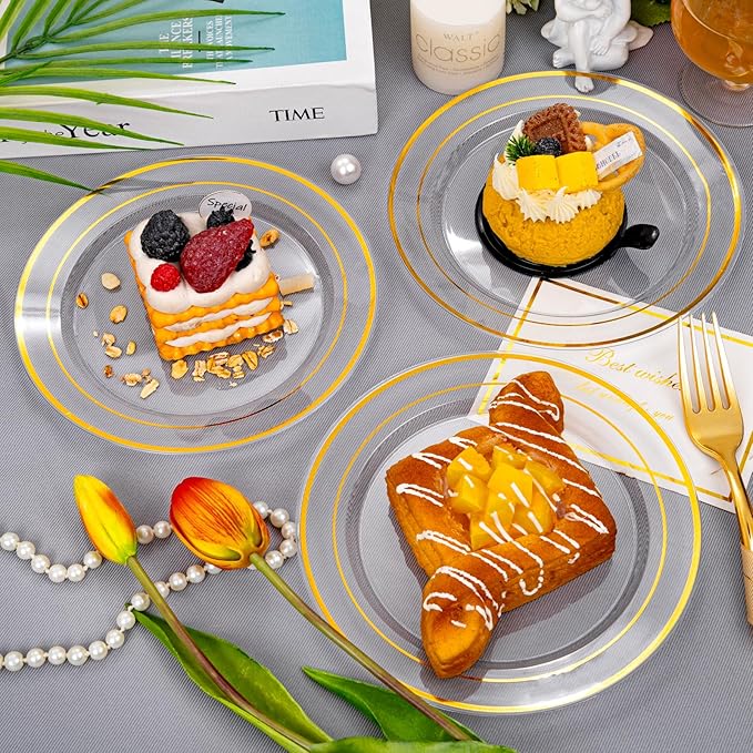 I00000 60PCS Clear Gold Dessert Plates, Clear Plastic Plates with Gold Rim 7 Inch, Fancy Disposable Wedding Plate Heavy Duty for Birthday, Wedding & Party