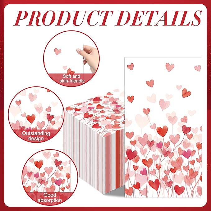 Valentines Day Paper Napkins - 100 Pcs 7.9 x 4.3 In Pink Red Heart Decorative Napkin Sets Disposable, Dinner Guest Party Decorations Supplies Decor for Couples Anniversary Wedding Engagement