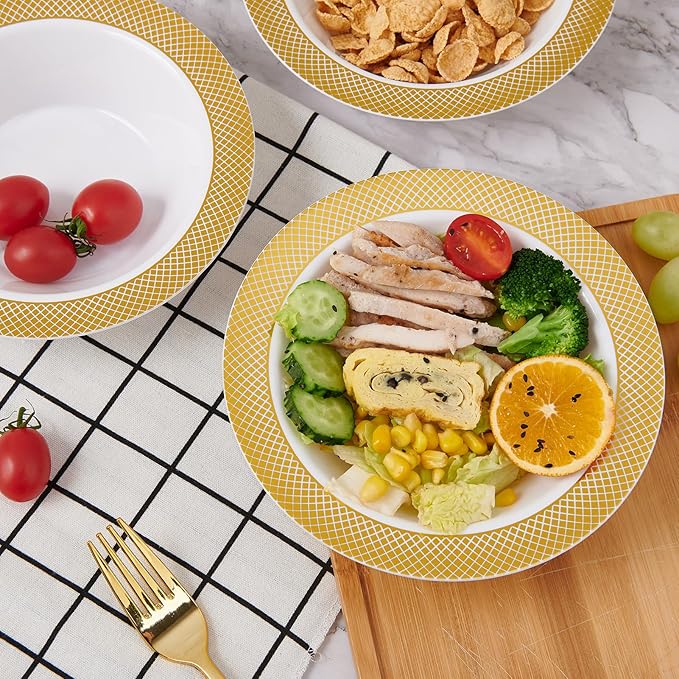 JOLLY CHEF 50 Pack Plastic Bowls with Gold Rim, 12 oz Disposable Soup Bowls, Heavy Duty Plastic Dinner Bowl for Weddings, Party, Dinners, Catering, Christmas and Everyday Use