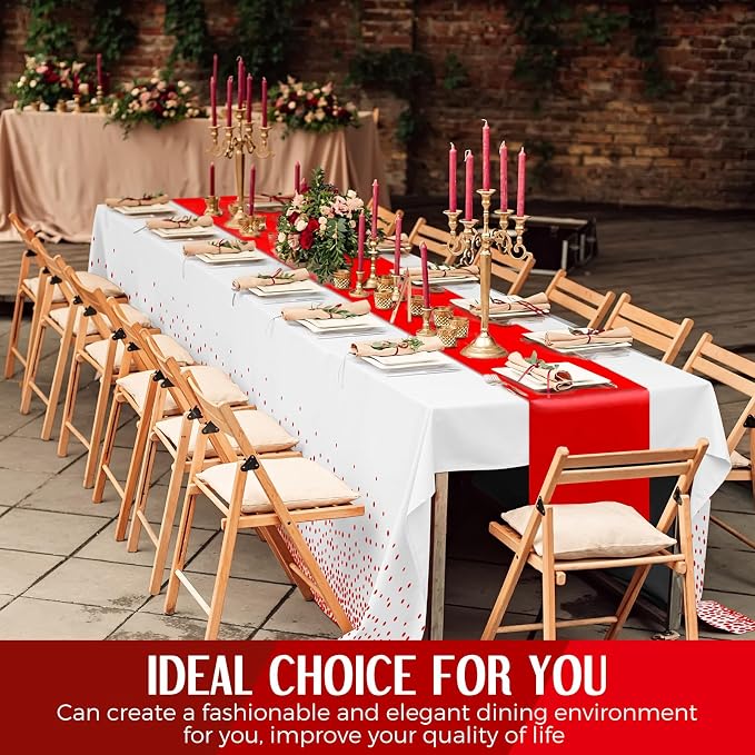 24 Pack White and Red Disposable Plastic Tablecloths and Satin Table Runner Set - Image 5