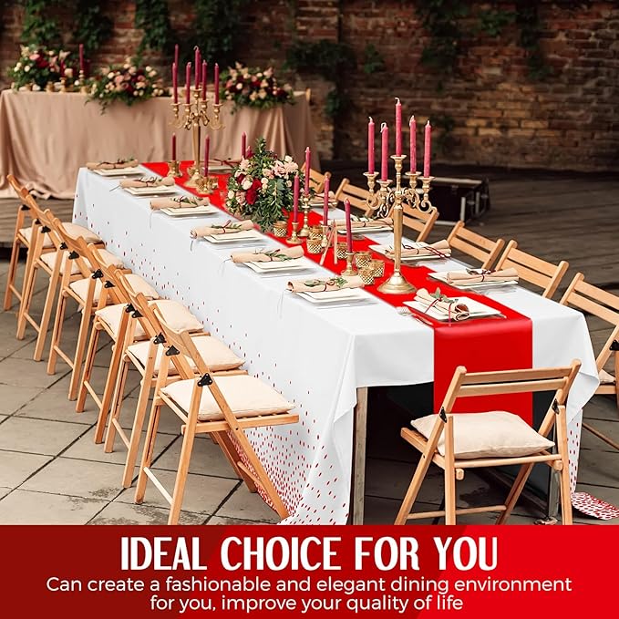 Breling 8 Pack White and Red Disposable Plastic Tablecloths and Satin Table Runner Set, 54 x 108 Inch Tablecloth, 12 x 108 Inch Table Runners for Wedding Graduation Birthday Baby Shower