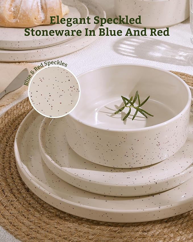 Famiware Nebula Plates and Bowls Sets, 12 Pieces Dinnerware Sets, Dishes Set for 4, Creamy White with Colorful Speckles