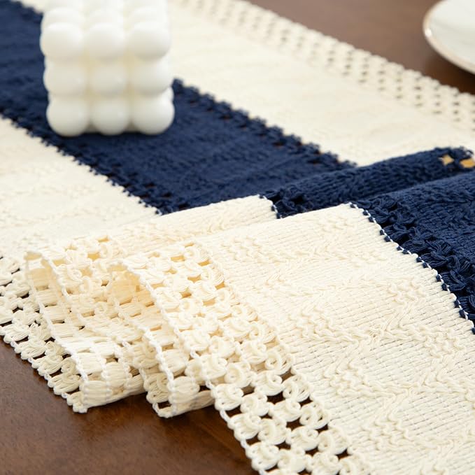 Boho Blue Table Runner, 12x36 Inches | Tassels, Summer Farmhouse, Woven Cotton - Image 4