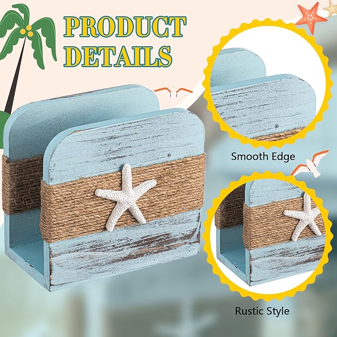 Natural Wooden Napkin Holder, Farmhouse Napkin Holders Upright Wooden Tissue Dispenser for Kitchen Dining Room Table Decor Indoor & Outdoor Use (Beach Style,Blue)