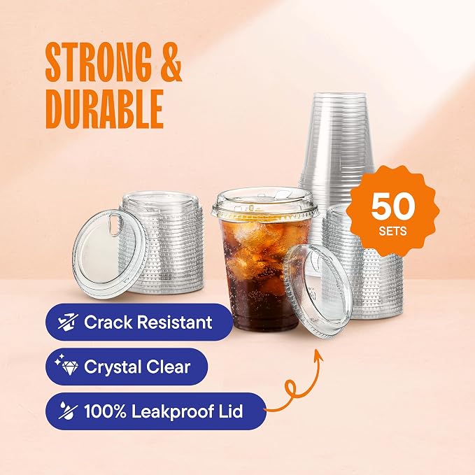 16 oz Clear Plastic Cups with Strawless Sip-Lids PET Crystal Clear Disposable - Image 2