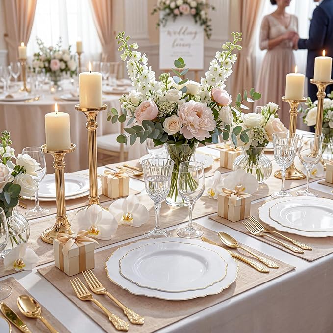 WDF 60pcs Gold Plastic Dinner Plates -10.25inch Baroque White and Gold Plates Fancy Plastic Plates for Upscale Bridal Shower & Wedding & Birthday