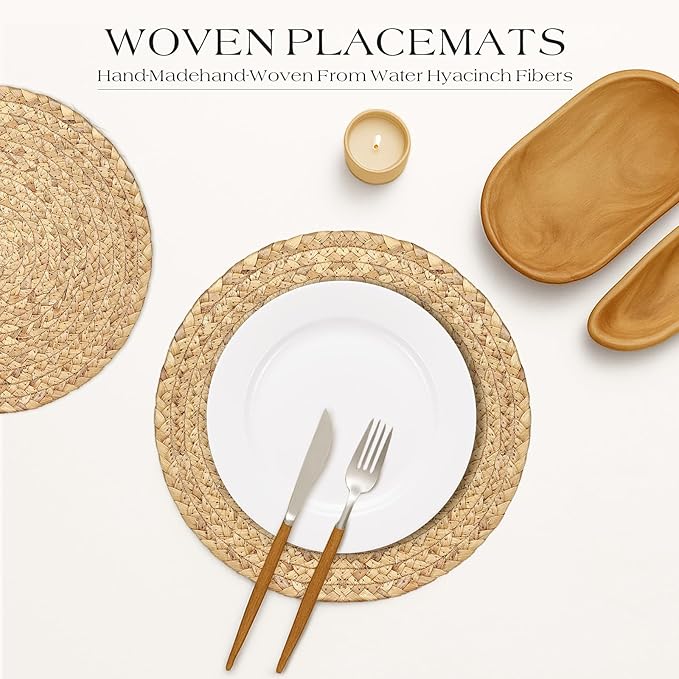 12” Woven Round Placemats Set of 4, Natural Water Hyacinth Braided Table Mats with 4 Wood Bead Napkin Rings, Washable Boho Farmhouse Rattan Place Mats for Home, Outdoor, Table Decor, Dinning, Wedding