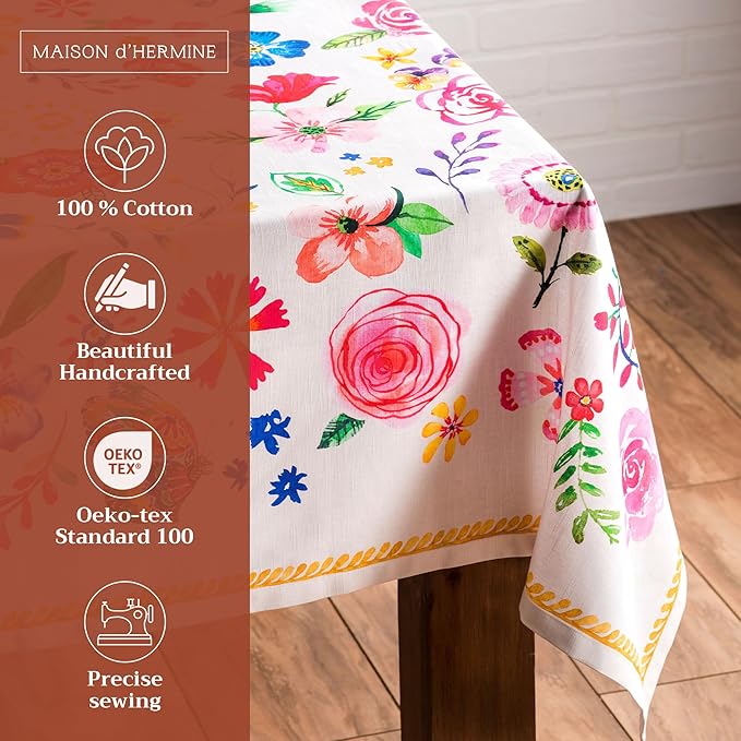 Maison d' Hermine Table Cloth Rectangle Table 100% Cotton 60 x 108 Inches Tablecloth Reusable Decorative for Dining Room Farmhouse Home Valentines Day Decorations Spring Summer- Happy Florals - Sweety