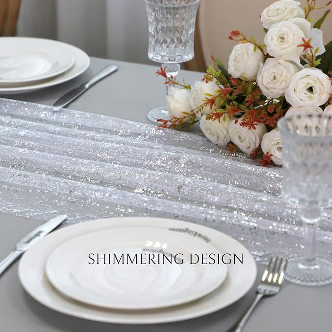 Snowkingdom White Silver Table Runner Gauze Sheer Tulle 10 FT 120 Inch Sparkly - Image 3