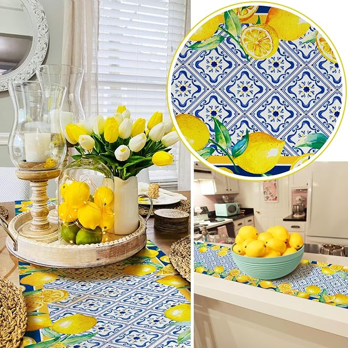 Capri Blue Lemon Table Runner Italy Tile Burlap Artificial Yellow Lemon Fruit - Image 2