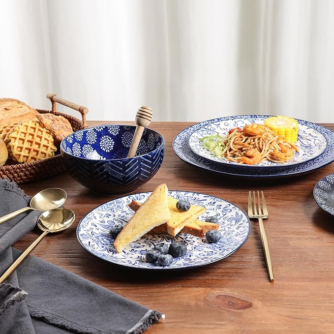 Selamica Ceramic Dinner Plates set of 4, 10.5 Inch Ceramic Plates for Kitchen, Large Serving Plates for Pasta Salad Steak, Microwave Dishwasher Safe, Blue
