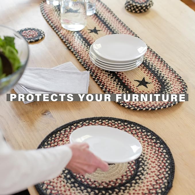 Homespice Primitive Star Gloucester Jute Braided Placemats, Warm Primitive Decor, Set of 4, Black and Red 13x19 Oval Table Mats - Vibrant Colors, Durable, Easy to Clean and Protects Furniture