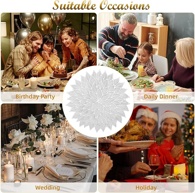 Placemats Set of 6, Round Hollow Out Flowers Place Mats for Dining Table Pressed Vinyl Blooming Leaf Table Mats for Holiday Party Wedding Accent Centerpiece Dinner Table Decoration (Silver)