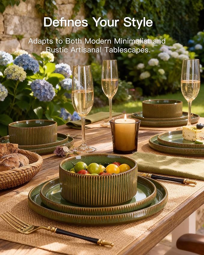 Stoneware Dinnerware Set for 4, Reactive Glaze, Moss Green | 12-Piece Everyday - Image 2