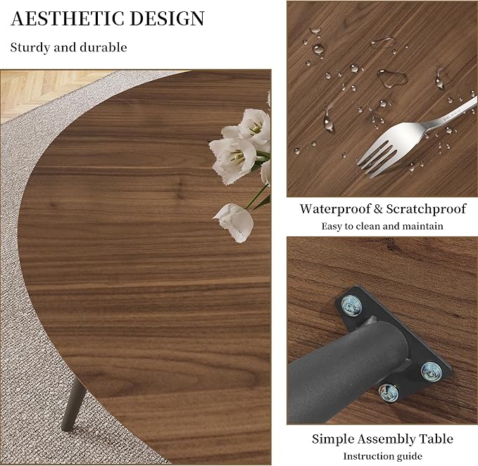 43.3 Inch Round Dining Table Set for 4, Modern Small Kitchen Coffee Set for Dining Room Kitchen Apartment (Walnut Table+4 U-Shaped Brown Chairs)