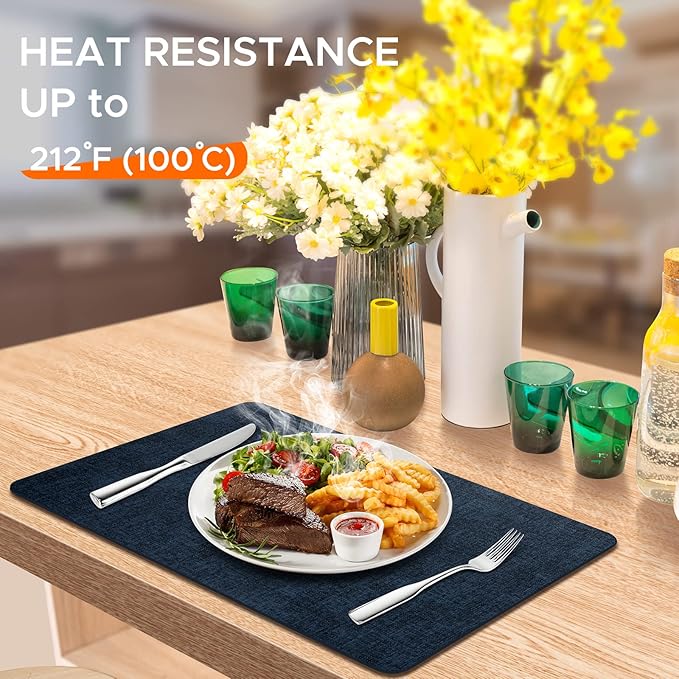 Placemats Set of 8 Washable, Heat Resistant Table Placemats Wipeable Faux Leather Place Mats Non Slip, Waterproof Square Table Mats for Indoor Outdoor, Dark Blue