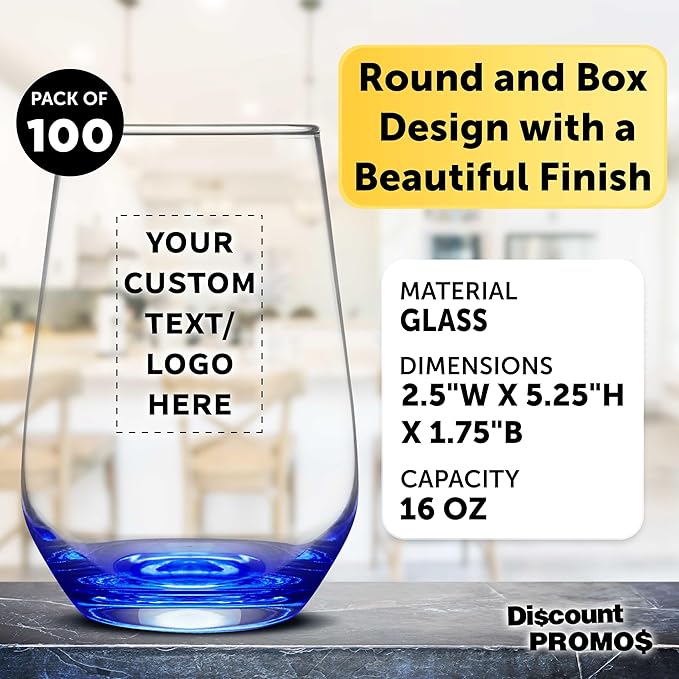 DISCOUNT PROMOS 100 Vaso Silicia Stemless Wine Glasses Set, 16 oz. - Personalized Text, Logo - Clear, Orb-Like, Thick base - Blue