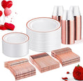 WELLIFE 450 PCS Rose Gold Disposable Dinnerware Set for 75 Guests, Mothers Day Plates, 75 Dinner & Salad Plate, Cups, Forks Knives Spoons for Wedding Reception and Valentine's Day