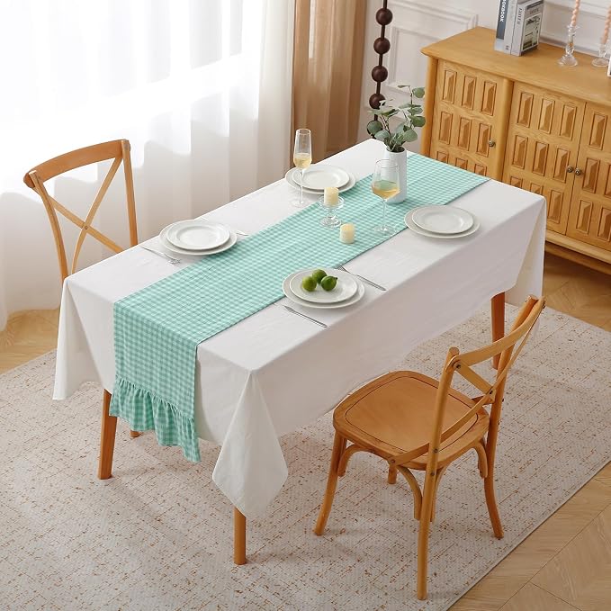 Spa Blue White Plaid Gingham Ruffle Table Runner 90 inches Long Christmas 100% - Image 2