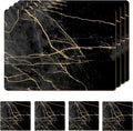 Set of 4 Heat Resistant Cork Placemats for Dining Table with Free Set of 4 Matching Drink Coasters Marble Design 16 x 12 Inches Cork Backed Hard Placemats (Black & Gold)